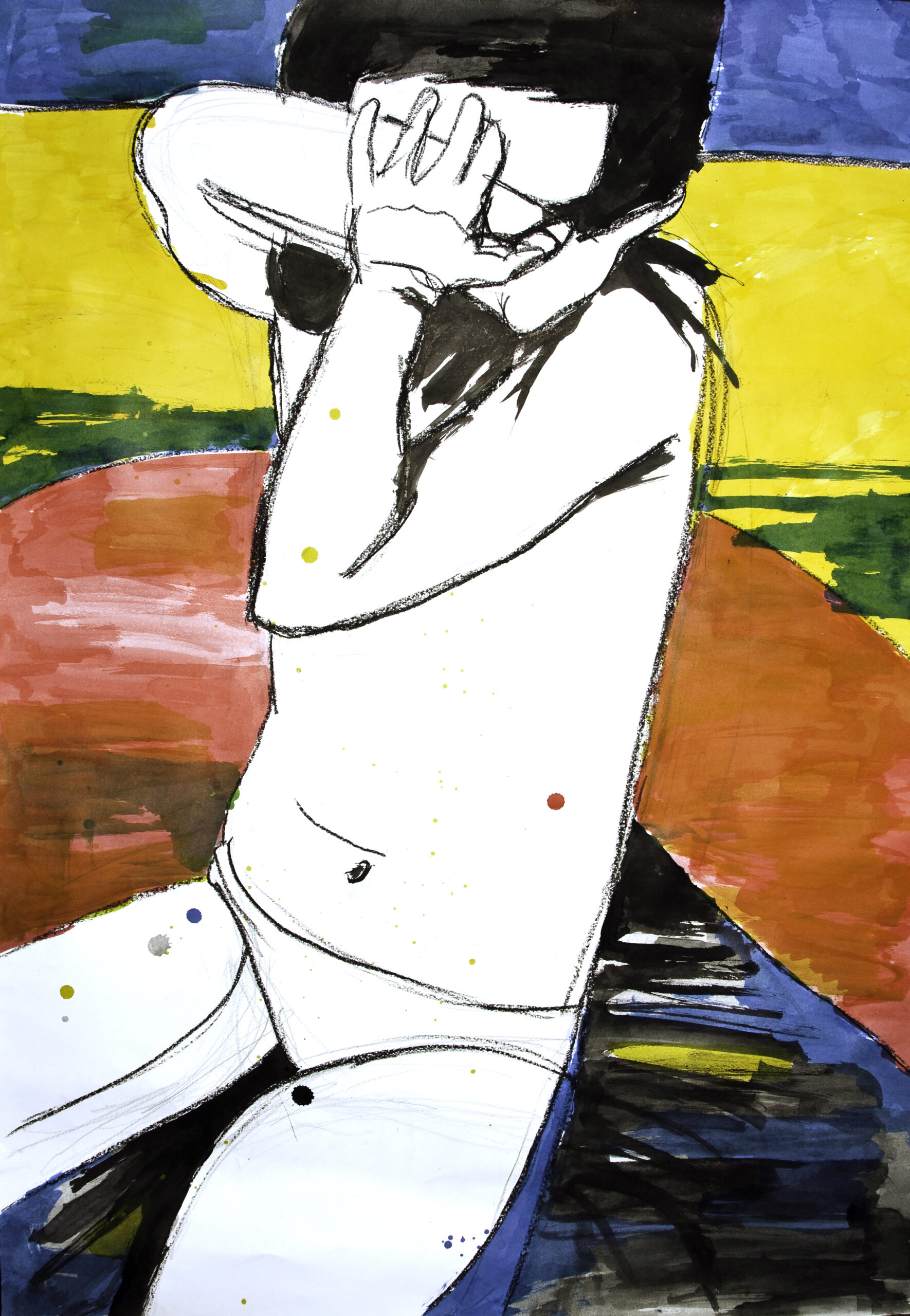 Hiding face, ink on paper, 101×72 cm